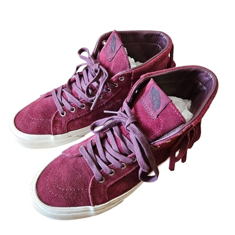 Vans Sk8 HI Mock Suede Womens High Tops Boho Fringe Sneakers Red Berry Size US 8 - Picture 8 of 15